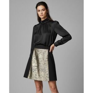 Malene Birger Skirt Women's Size 44 Black Gold Jacquard Zip-Up Casual Wear
